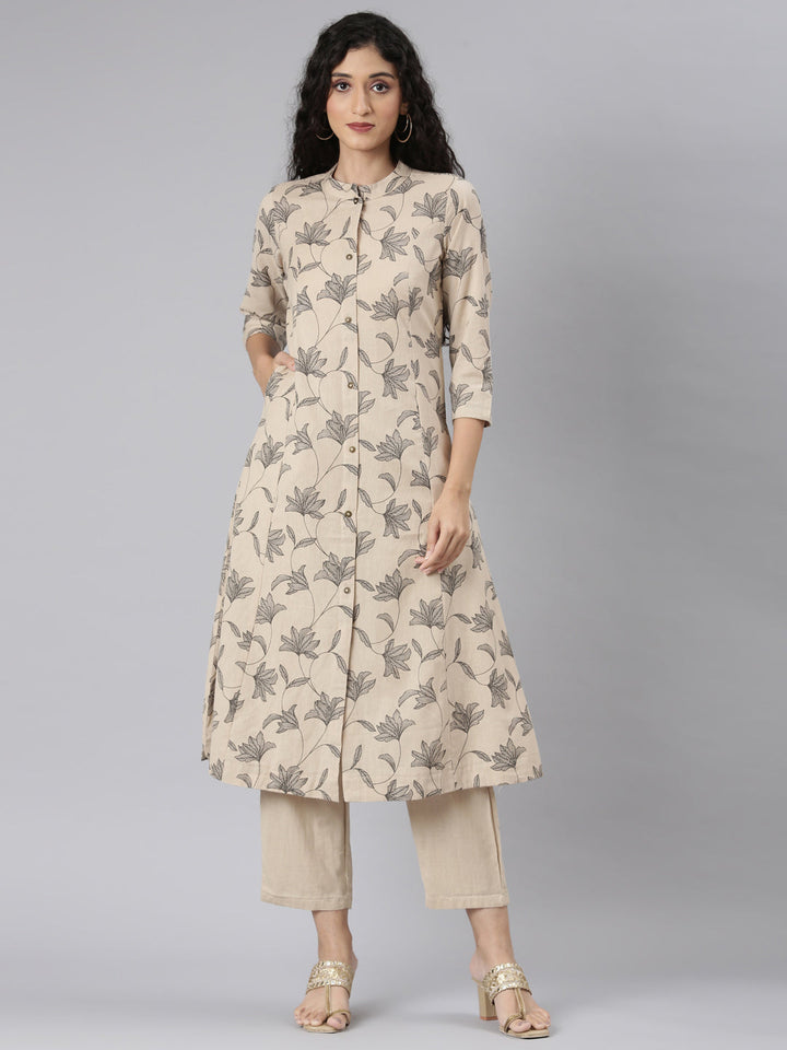 Neerus Beige floral printed straight kurta set with trouser - front view