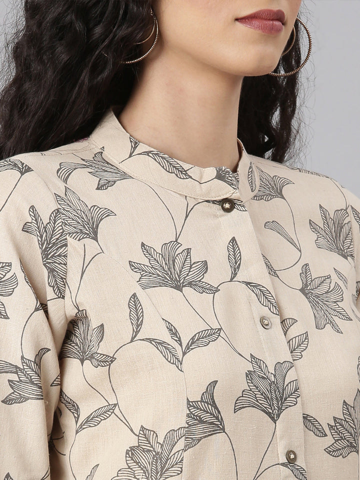 Neerus Beige floral printed straight kurta set with trouser - back view