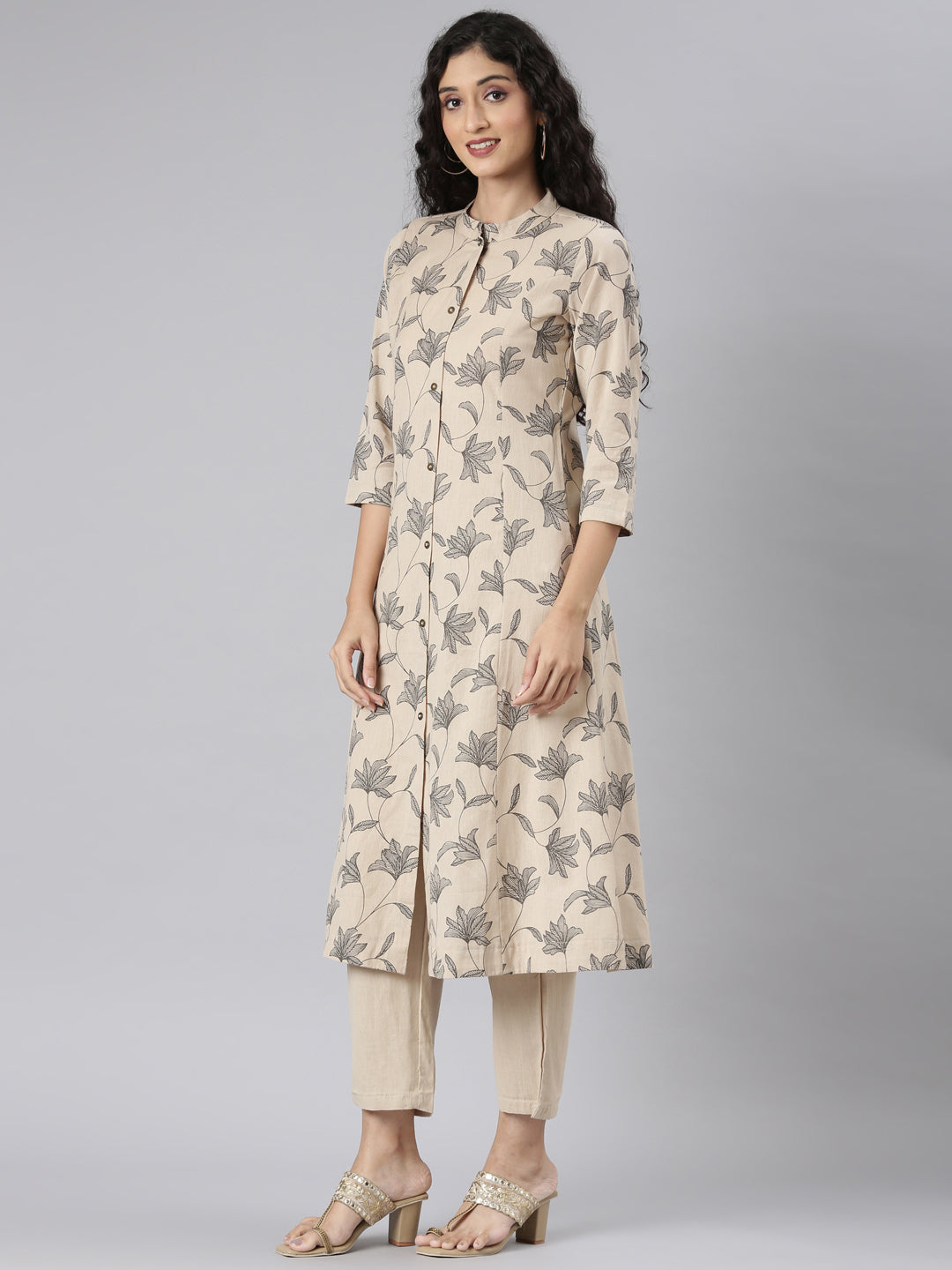 Neerus Beige floral printed straight kurta set with trouser - side view