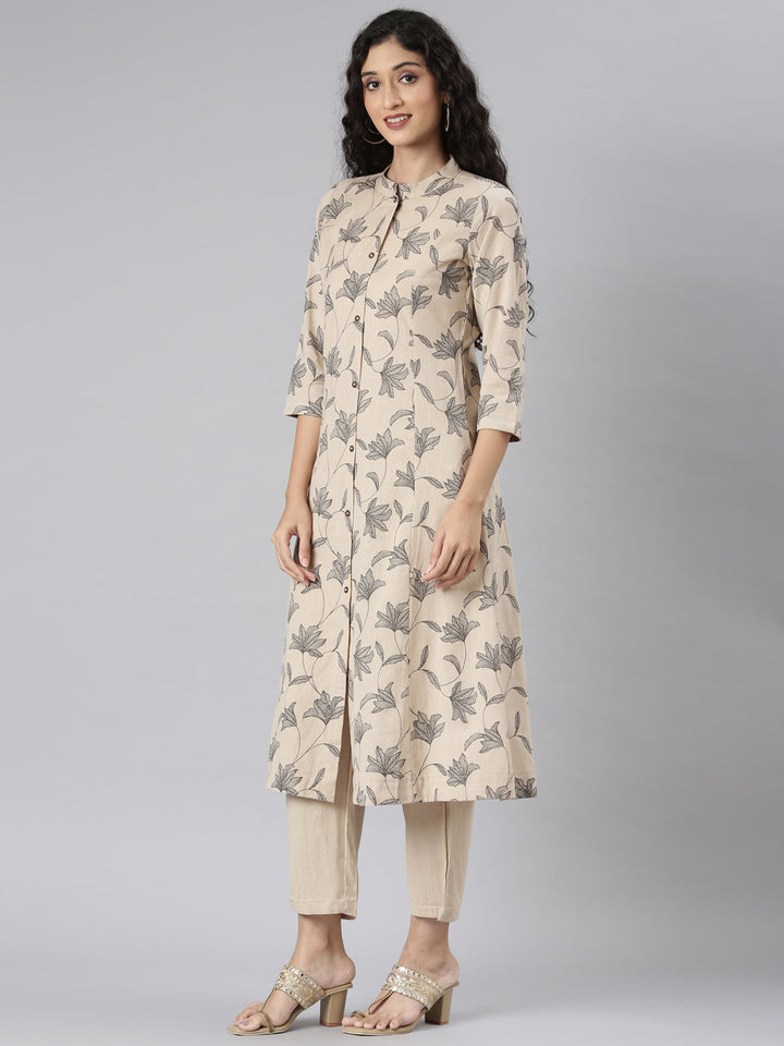 Neerus Beige floral printed straight kurta set with trouser - side view