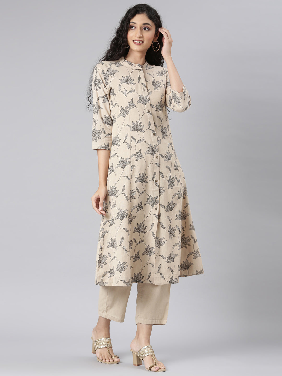 Neerus Beige floral printed straight kurta set with trouser - detail view 1