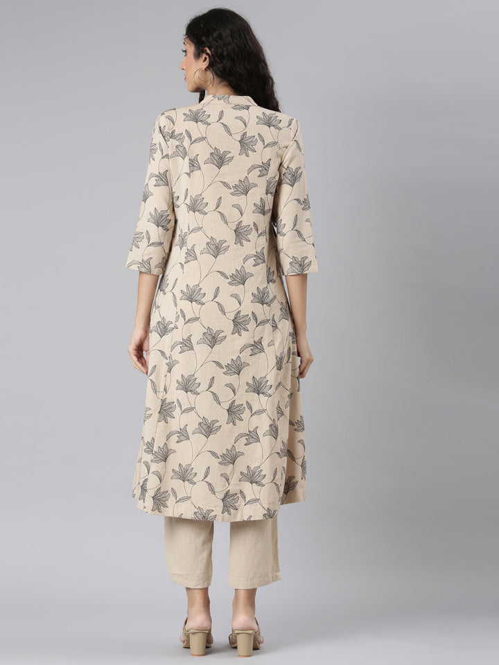 Neerus Beige floral printed straight kurta set with trouser - detail view 2