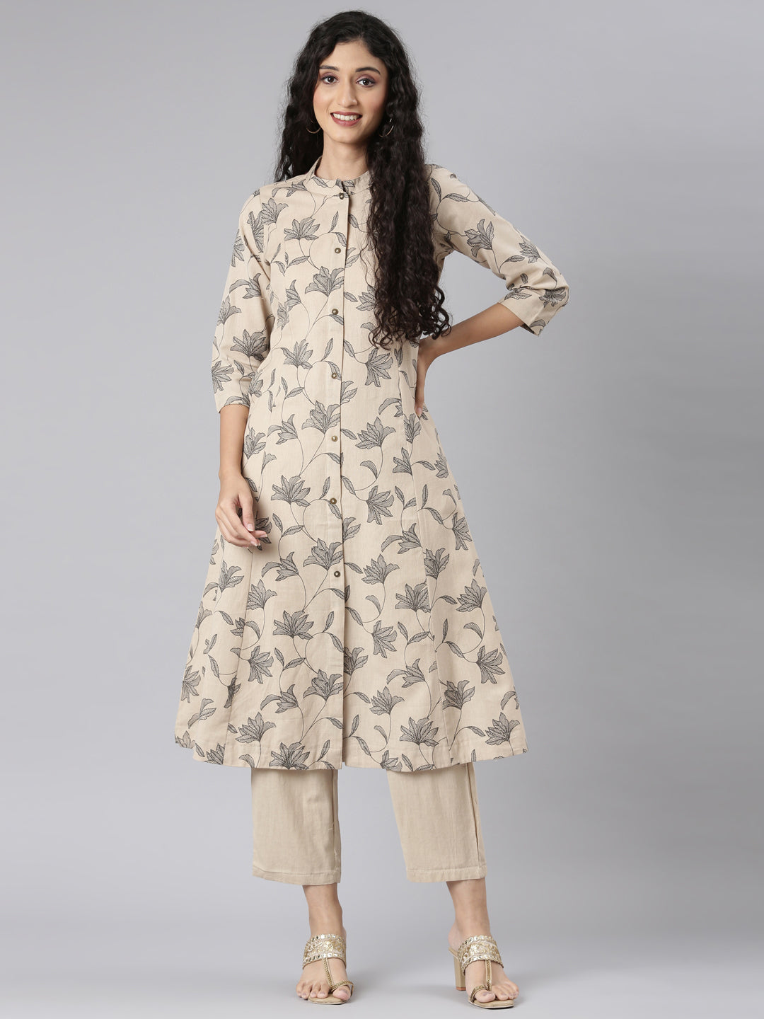 Neerus Beige floral printed straight kurta set with trouser - detail view 3