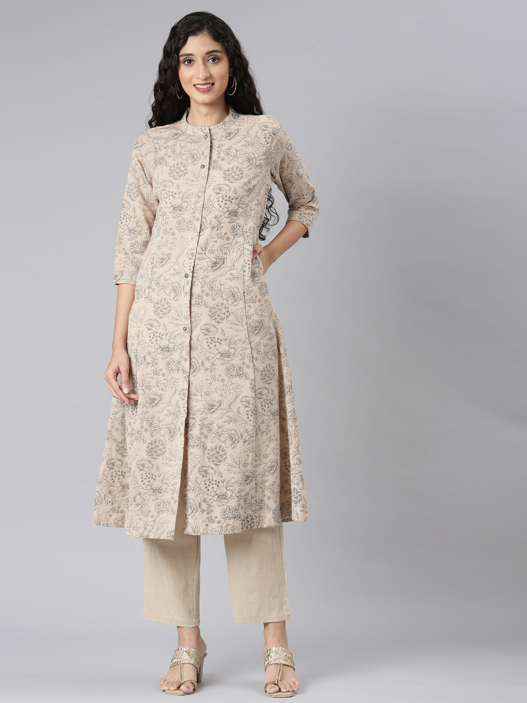 Neerus Beige floral printed straight kurta set with trouser - front view