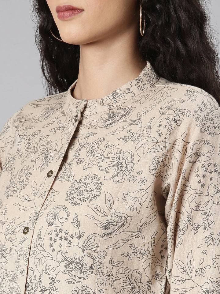 Neerus Beige floral printed straight kurta set with trouser - detail view 2