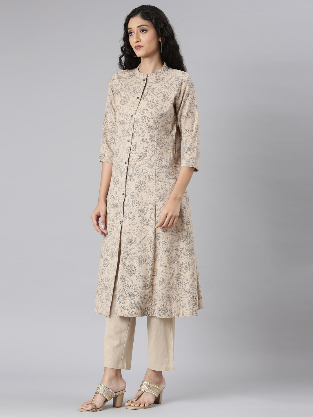 Neerus Beige floral printed straight kurta set with trouser - back view