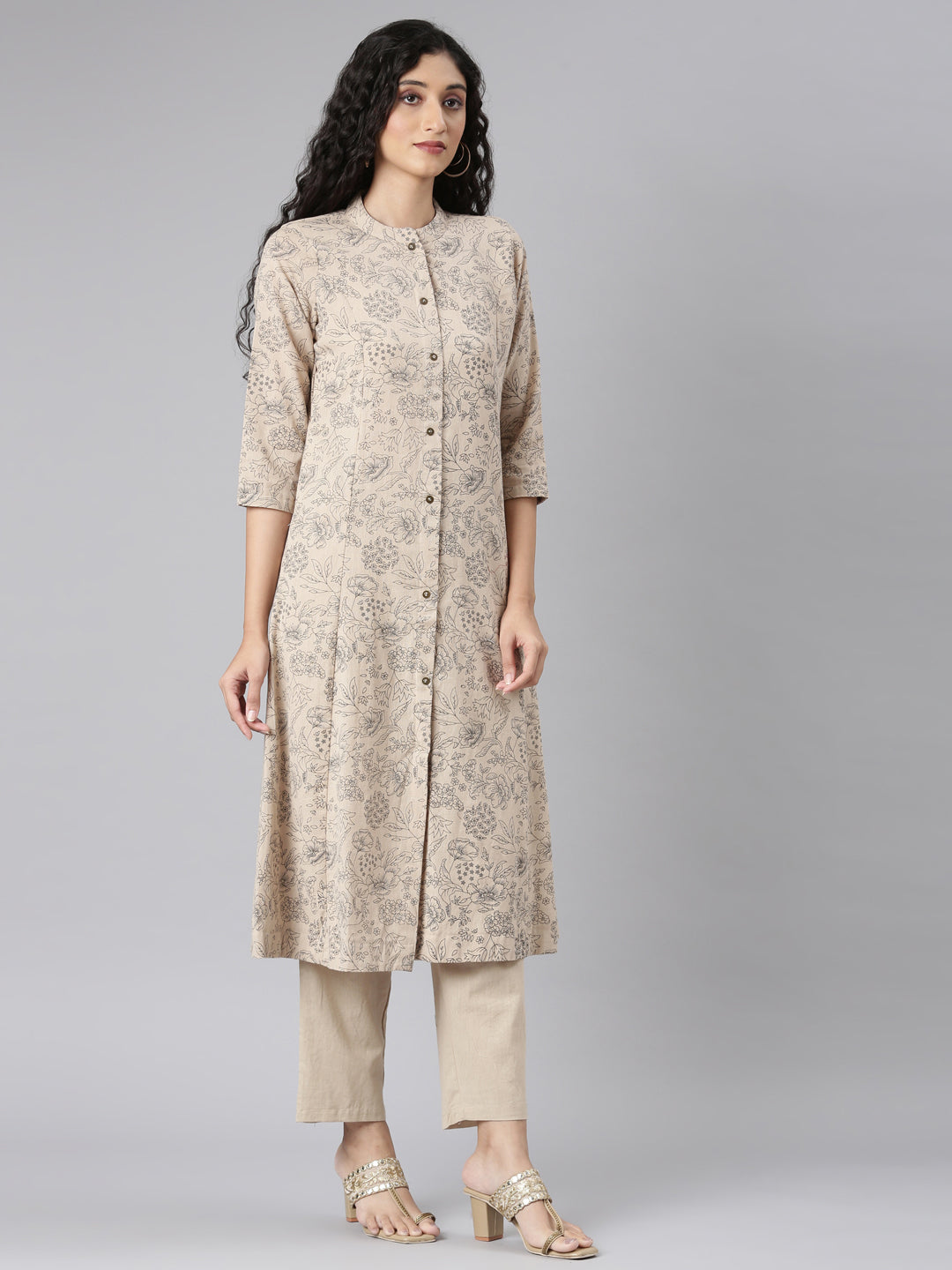 Neerus Beige floral printed straight kurta set with trouser - side view