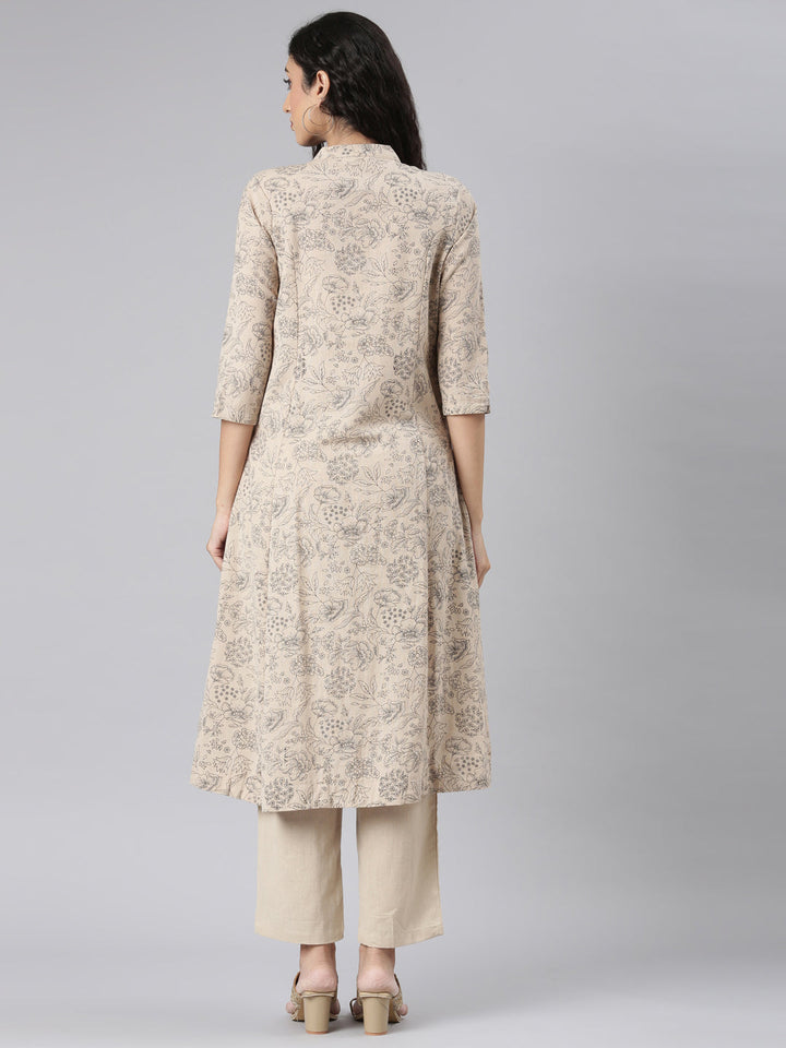 Neerus Beige floral printed straight kurta set with trouser - detail view 1