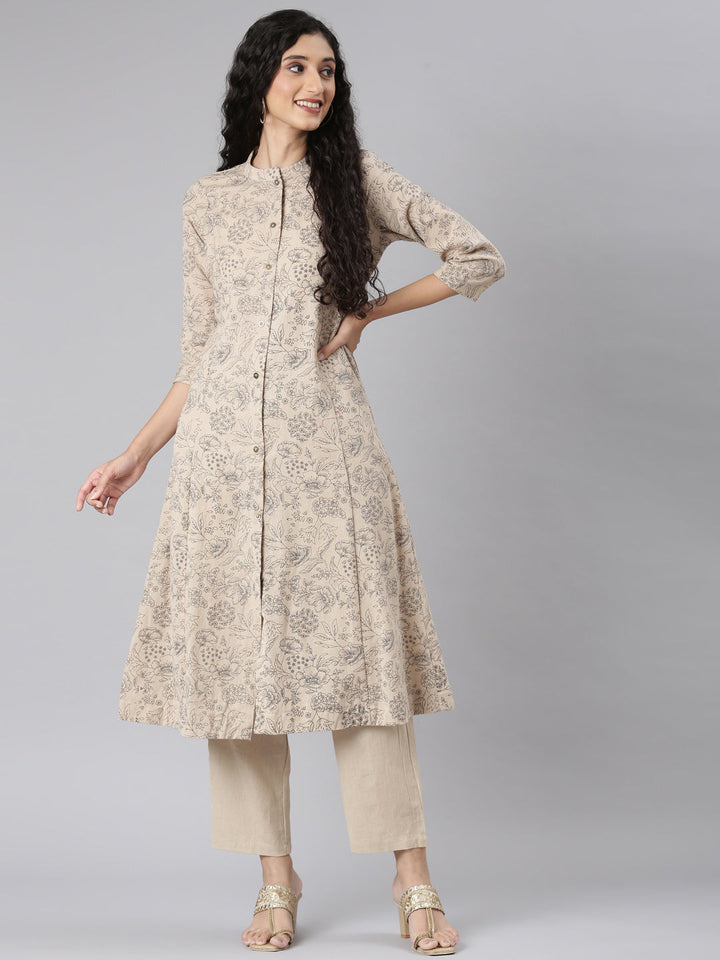 Neerus Beige floral printed straight kurta set with trouser - detail view 3