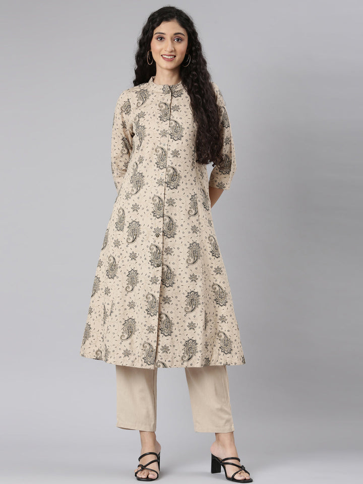 Neerus Beige printed floral kurta set with trouser - front view