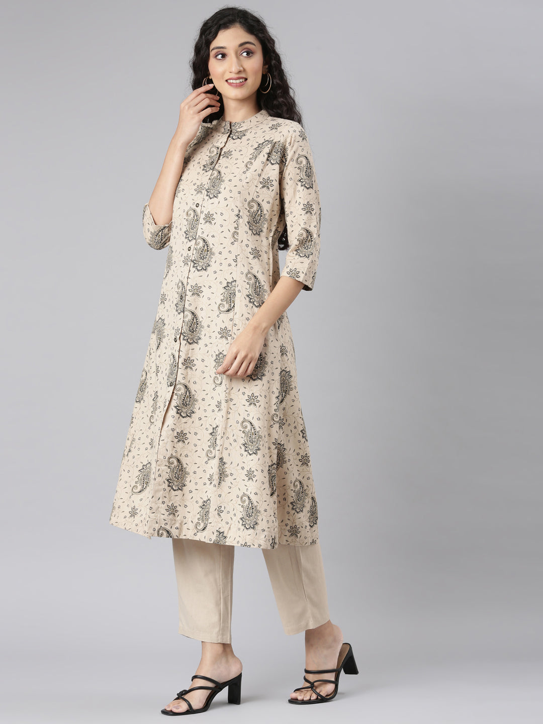 Neerus Beige printed floral kurta set with trouser - back view