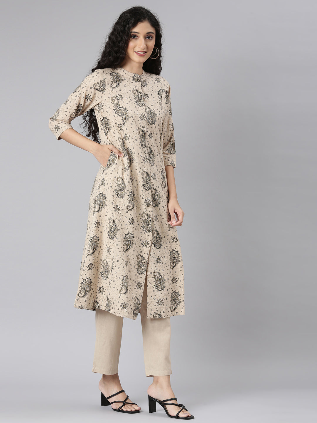 Neerus Beige printed floral kurta set with trouser - side view