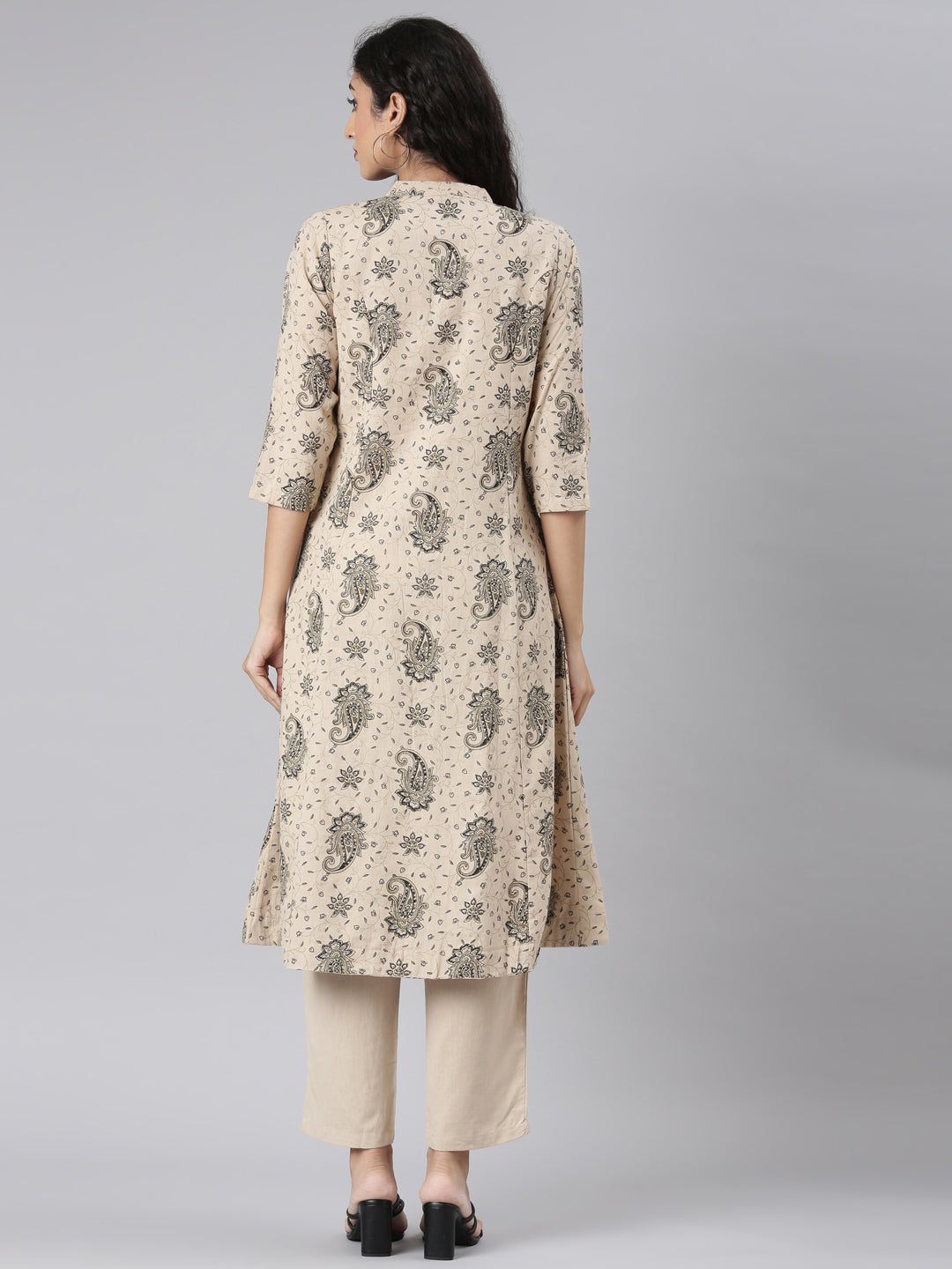 Neerus Beige printed floral kurta set with trouser - detail view 1