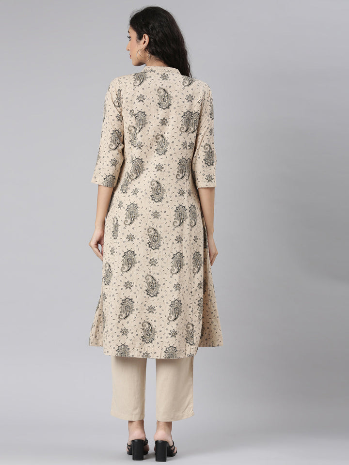 Neerus Beige printed floral kurta set with trouser - detail view 1