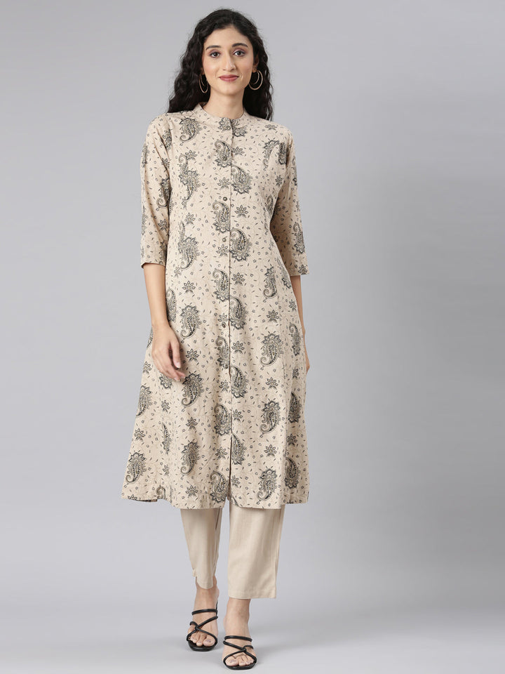 Neerus Beige printed floral kurta set with trouser - detail view 3