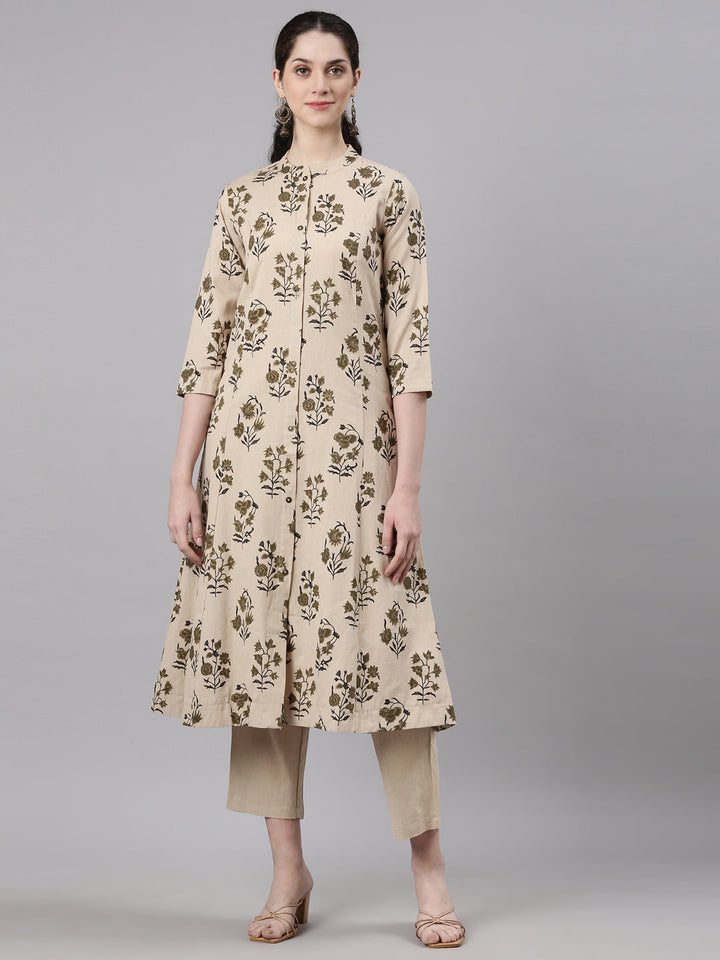 Neerus Beige printed floral kurta set with trouser - front view
