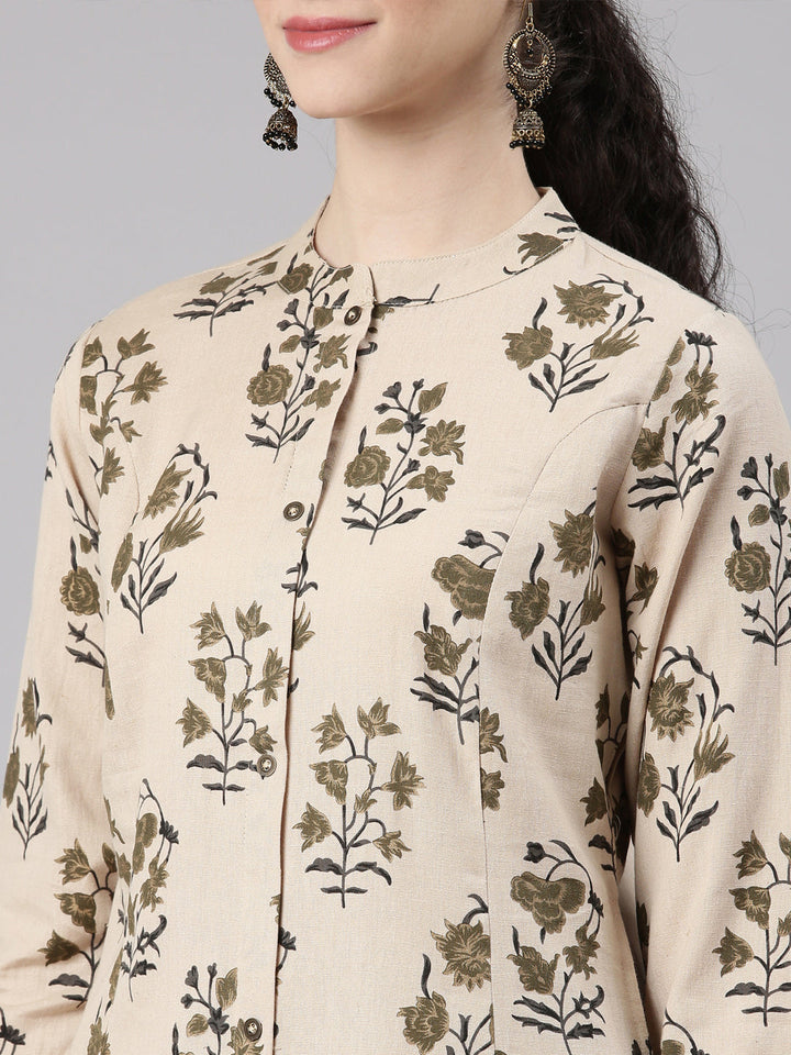 Neerus Beige printed floral kurta set with trouser - detail view 2