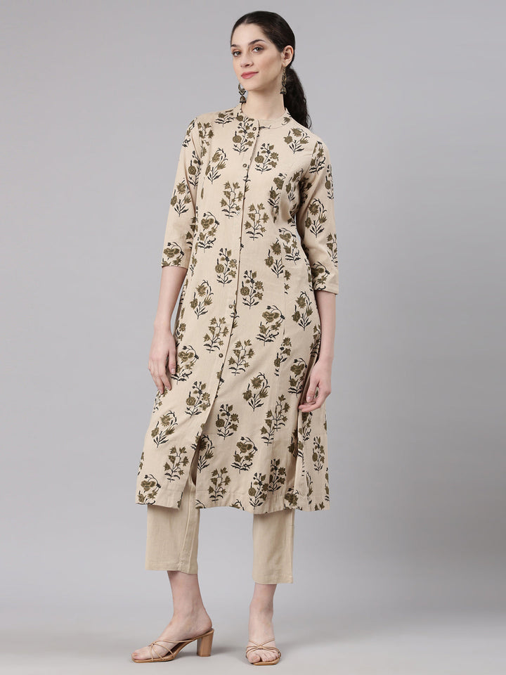 Neerus Beige printed floral kurta set with trouser - back view