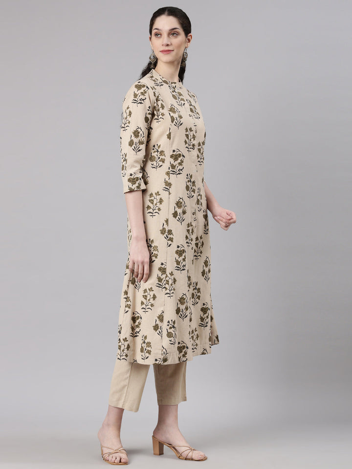 Neerus Beige printed floral kurta set with trouser - side view