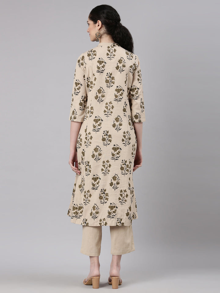 Neerus Beige printed floral kurta set with trouser - detail view 1