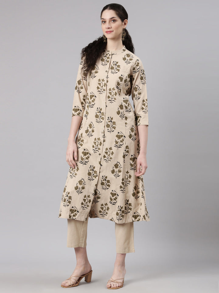 Neerus Beige printed floral kurta set with trouser - detail view 3