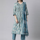 Neerus Blue Casual Quirky Anarkali Kurta and Trousers With Dupatta