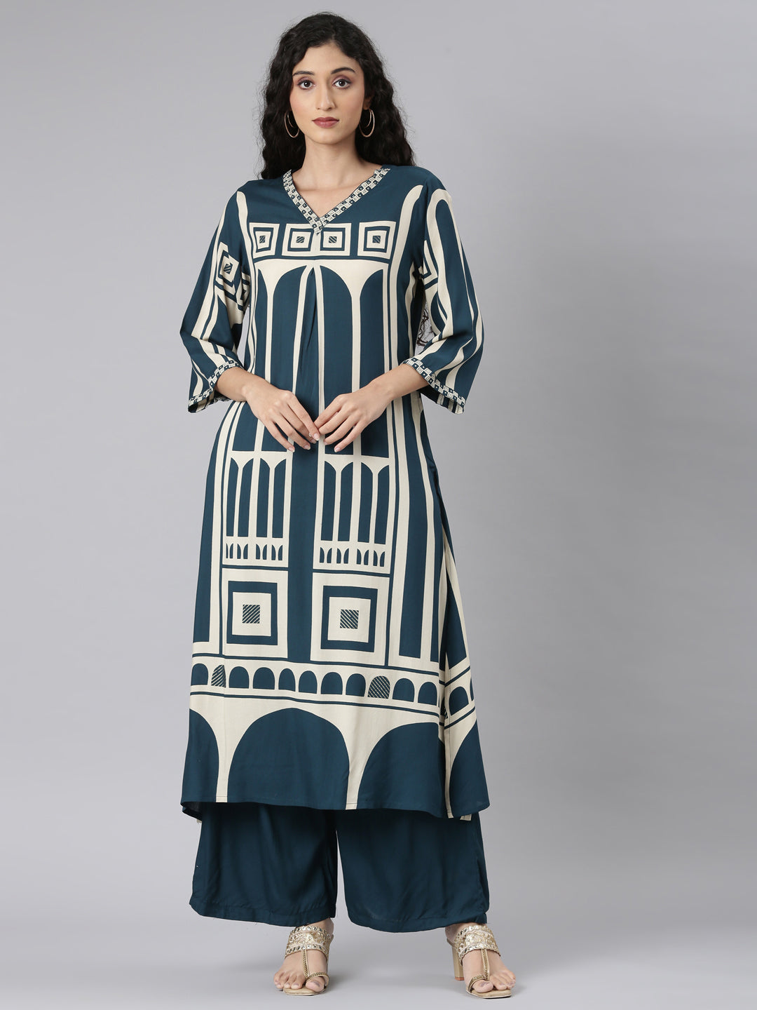 Neerus Green rayon straight kurta set - front view