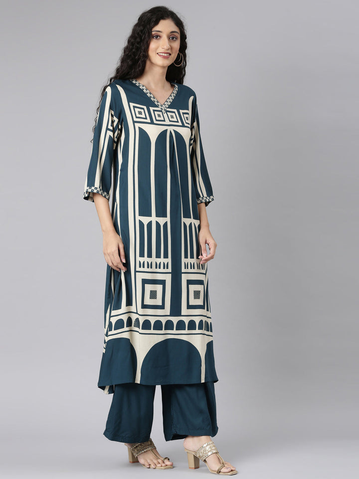 Neerus Green rayon straight kurta set - side view