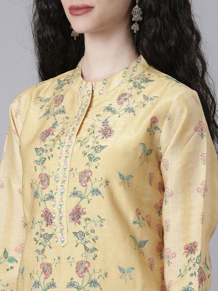 Neerus Yellow Printed Straight Kurta and Trousers With Dupatta