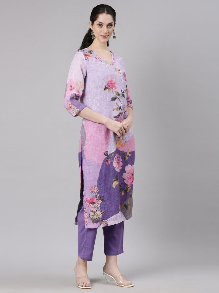 Neerus Purple slub cotton printed suit set - side view