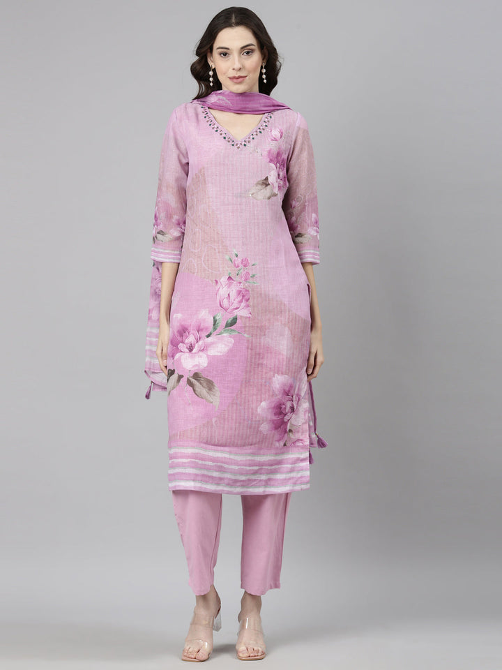 Neerus Purple linen printed suit set - front view