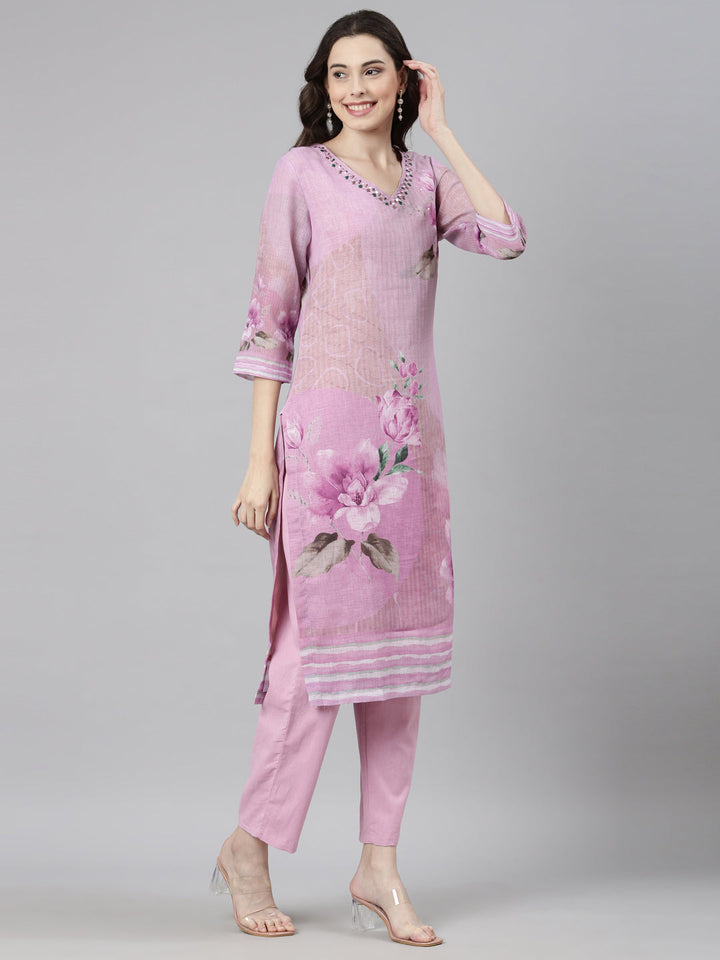 Neerus Purple linen printed suit set - side view