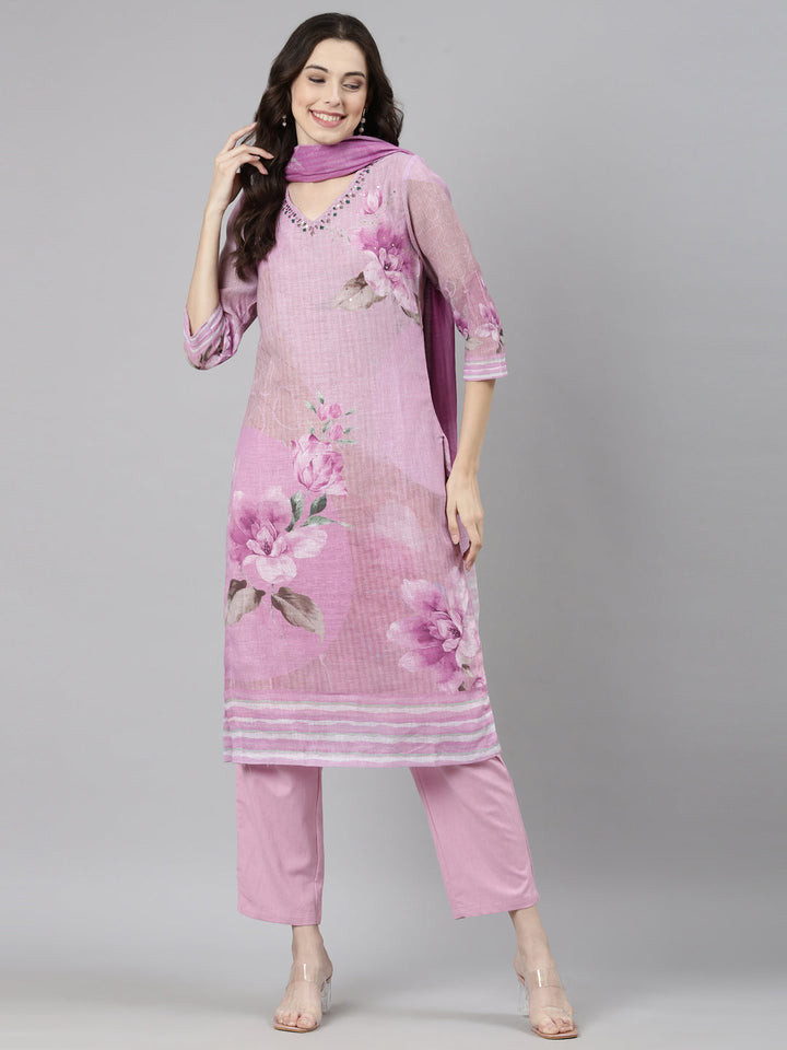 Neerus Purple linen printed suit set - detail view 3
