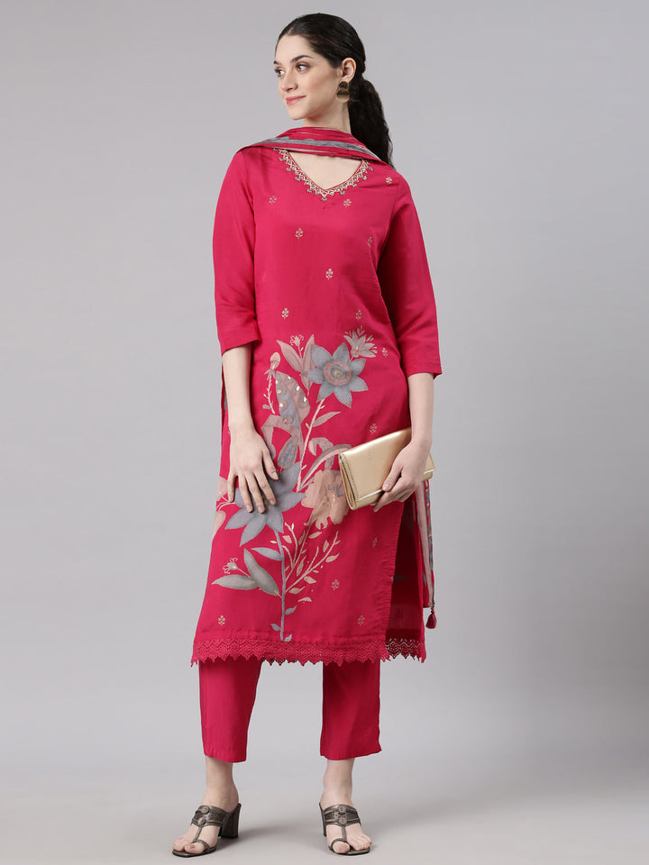Neerus Pink Straight Casual Floral Kurta and Trouser with Dupatta