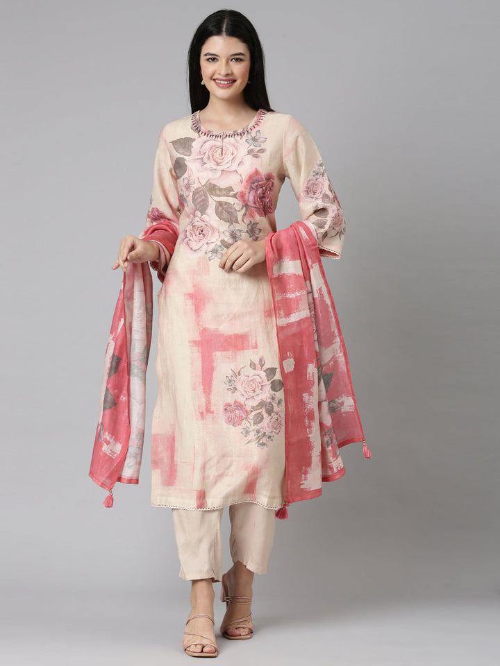 Neerus Pink shantoon printed suit set - front view