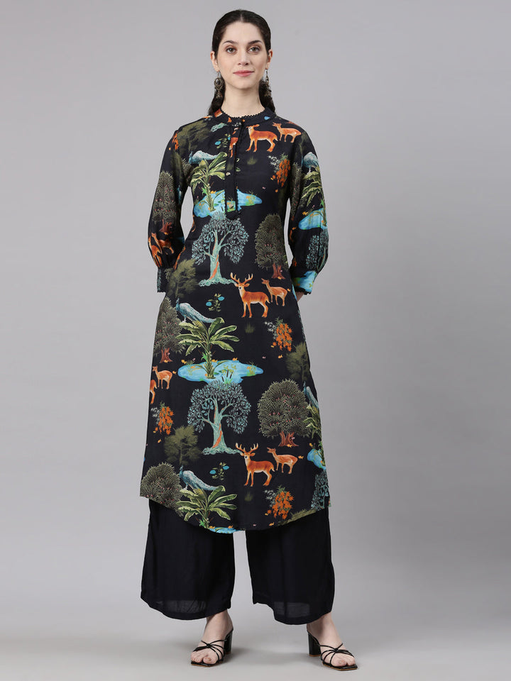 Neerus Black Straight Casual Animal Kurta and Palazzo