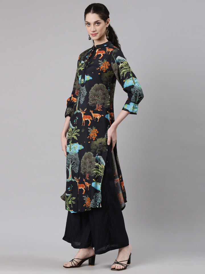 Neerus Black Straight Casual Animal Kurta and Palazzo