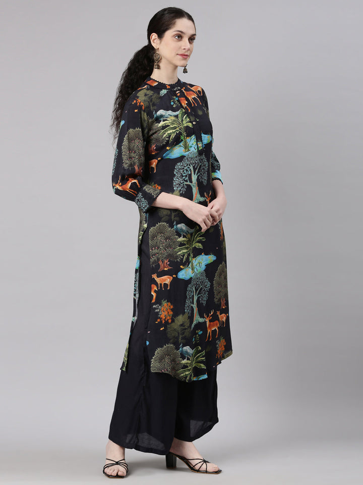 Neerus Black Straight Casual Animal Kurta and Palazzo