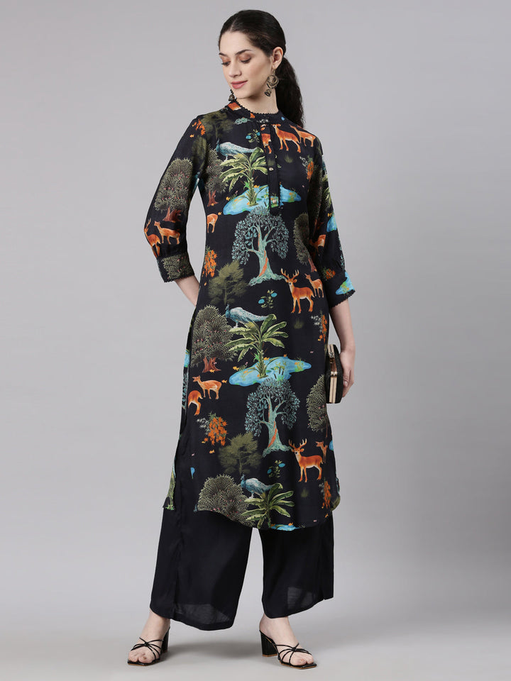 Neerus Black Straight Casual Animal Kurta and Palazzo