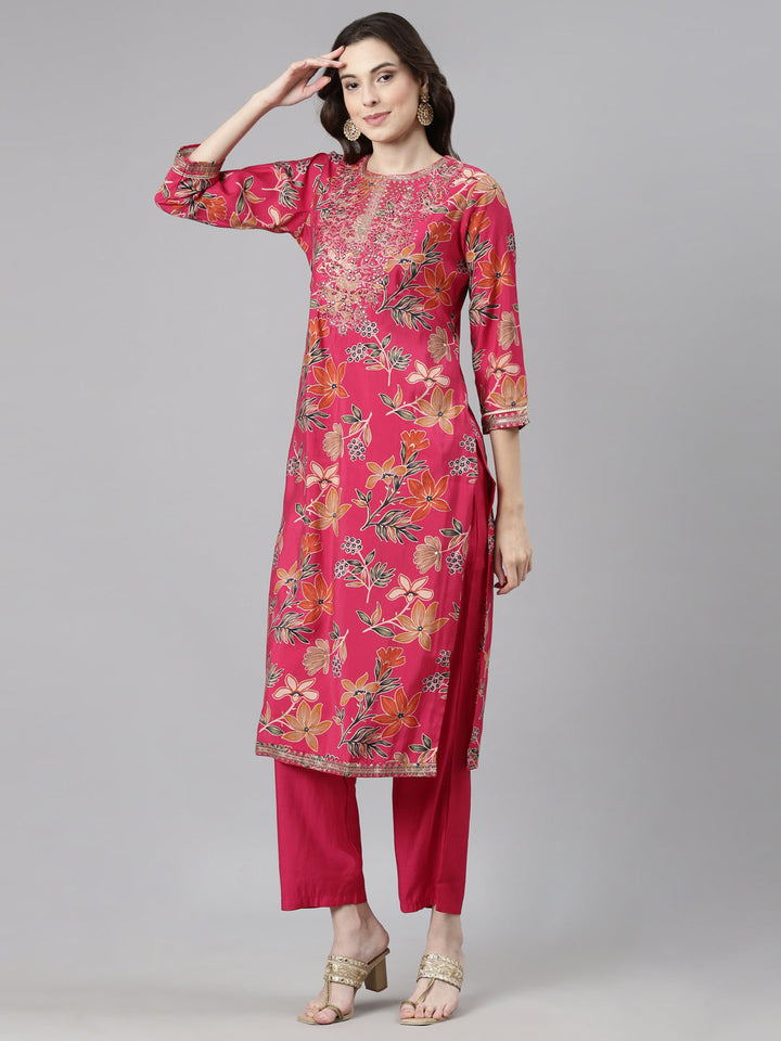 Neerus Pink Casual Floral Straight Kurta and Trousers With Dupatta