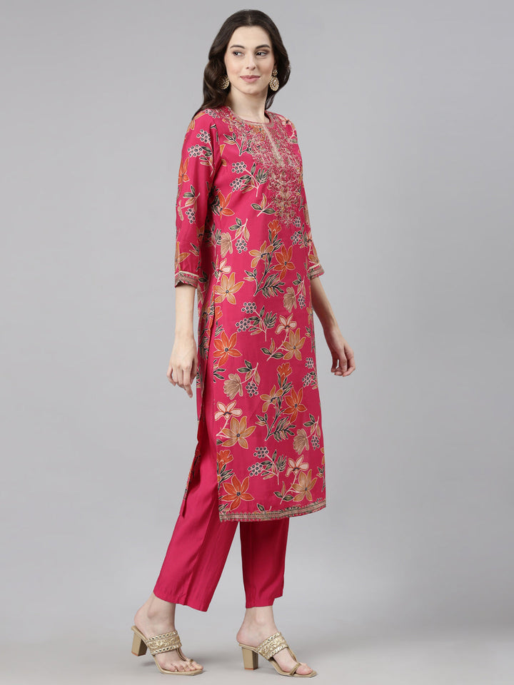Neerus Pink Casual Floral Straight Kurta and Trousers With Dupatta
