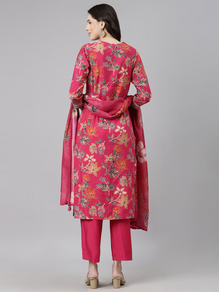 Neerus Pink Casual Floral Straight Kurta and Trousers With Dupatta