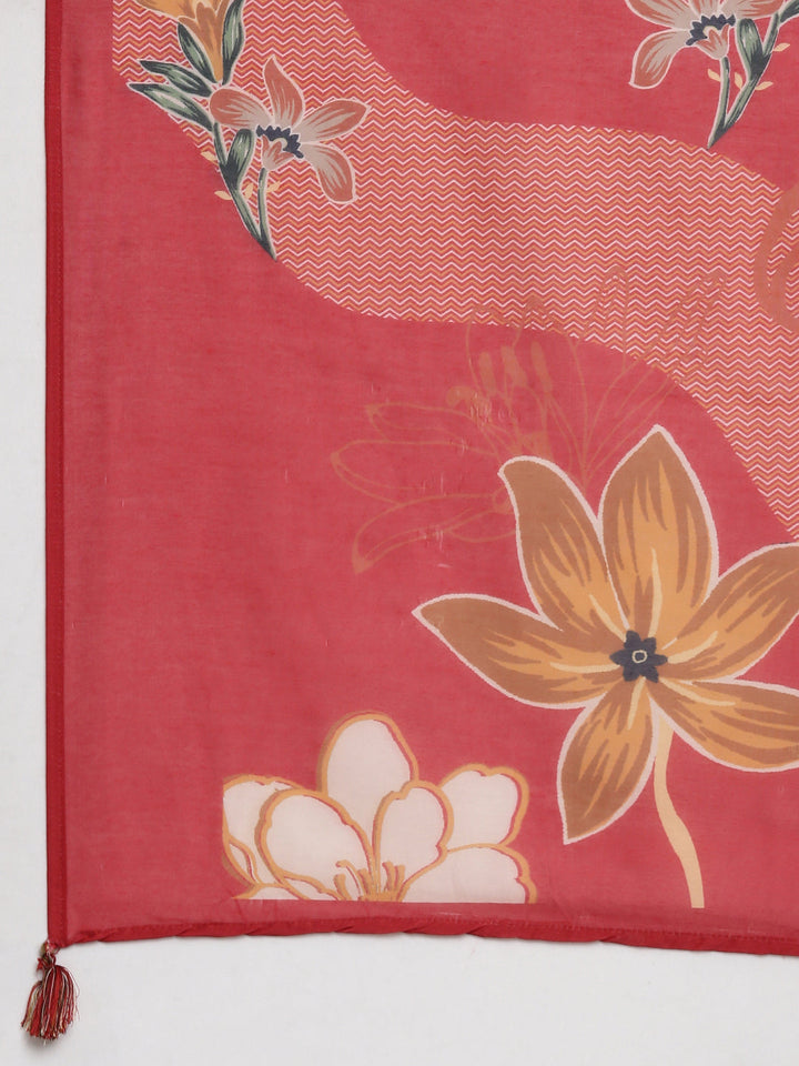 Neerus Red Casual Floral Straight Kurta and Trousers With Dupatta
