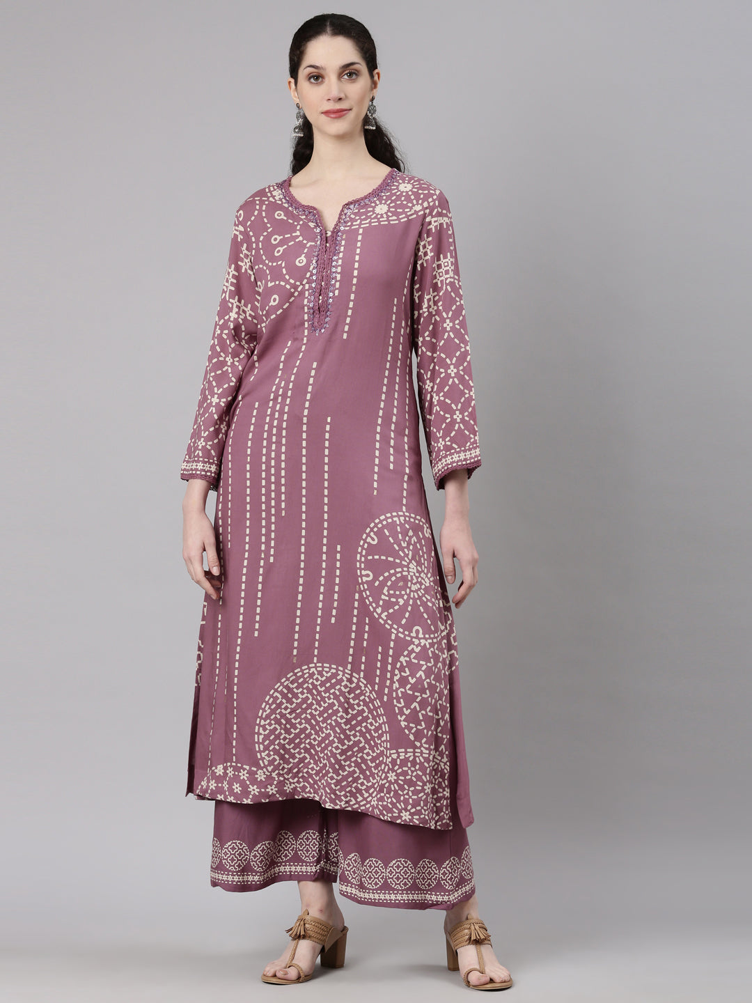 Neerus Purple rayon straight kurta set - front view