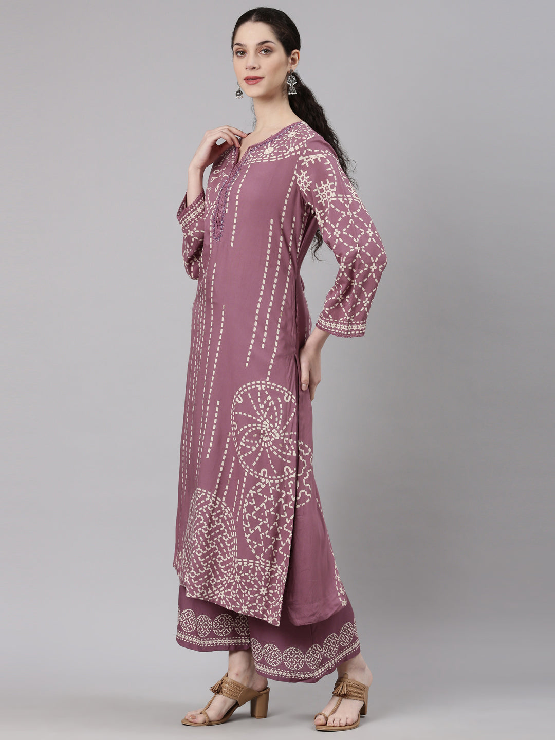 Neerus Purple rayon straight kurta set - back view