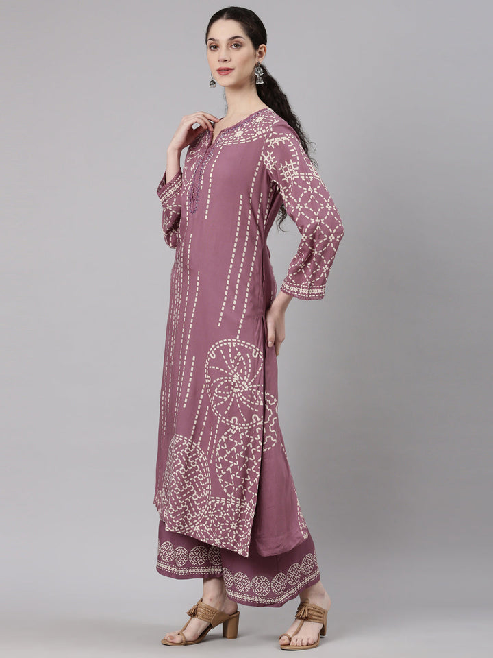 Neerus Purple rayon straight kurta set - back view