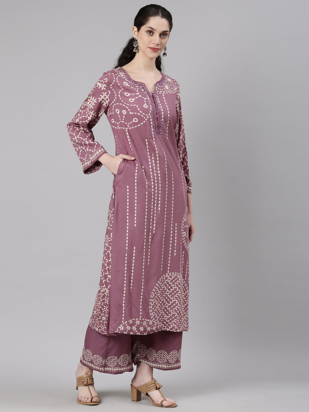Neerus Purple rayon straight kurta set - side view