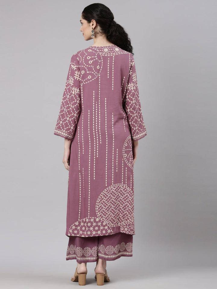 Neerus Purple rayon straight kurta set - detail view 1