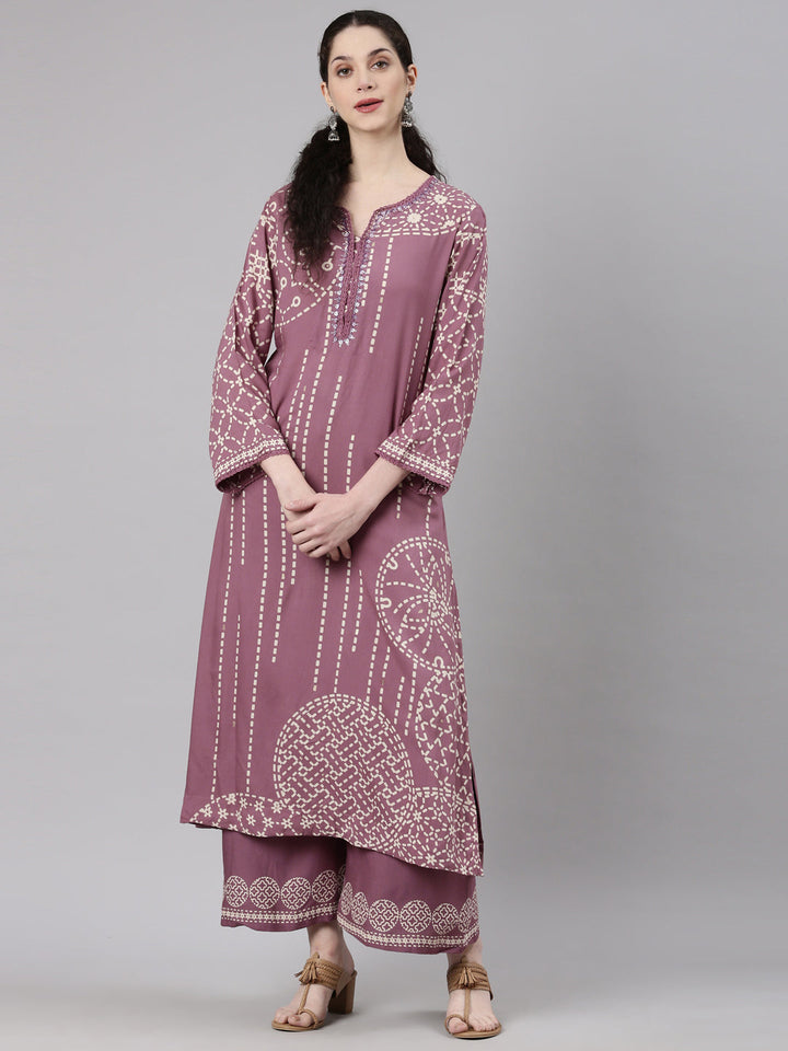 Neerus Purple rayon straight kurta set - detail view 3