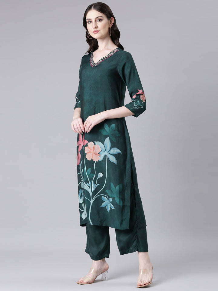 Neerus Green Printed Straight Kurta and Trousers With Dupatta